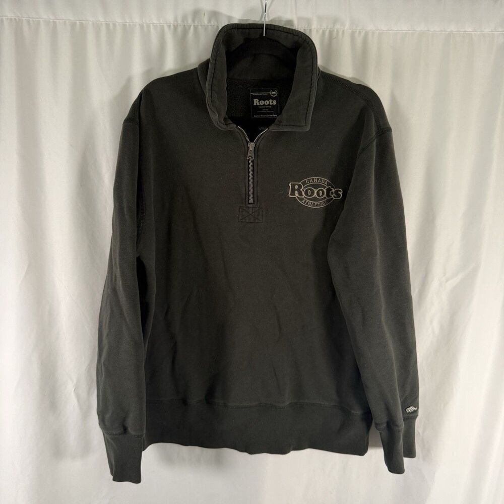 Roots Canada Sweater Men's Medium Green 1/4 Zip Cotton Blend Pullover